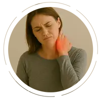 Woman sitting on an examination table, holding her neck in visible pain from a whiplash injury, with a red glow emphasizing the affected area.