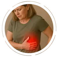 Middle-aged woman wearing an olive-green T-shirt and jeans, holding her left side with a pained expression, highlighting rib pain with a red glow.