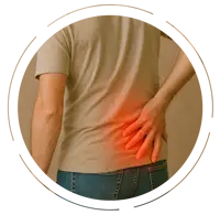 Middle-aged man wearing a beige T-shirt and jeans, holding his lower back with a pained expression, highlighting sciatica discomfort with a red glow.