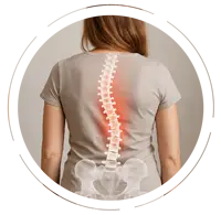 Young woman wearing a beige T-shirt and jeans, shown from behind with a medical illustration overlay of a curved spine highlighting scoliosi