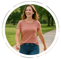 Young woman smiling brightly while walking outdoors on a sunny day, wearing a pink T-shirt and blue jeans in a green park.