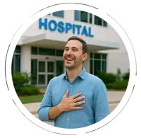 Happy man standing outside a hospital, smiling with relief, wearing a light blue button-down shirt.