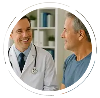 Doctor wearing a white coat and stethoscope smiling while consulting one-on-one with a patient in a medical office.